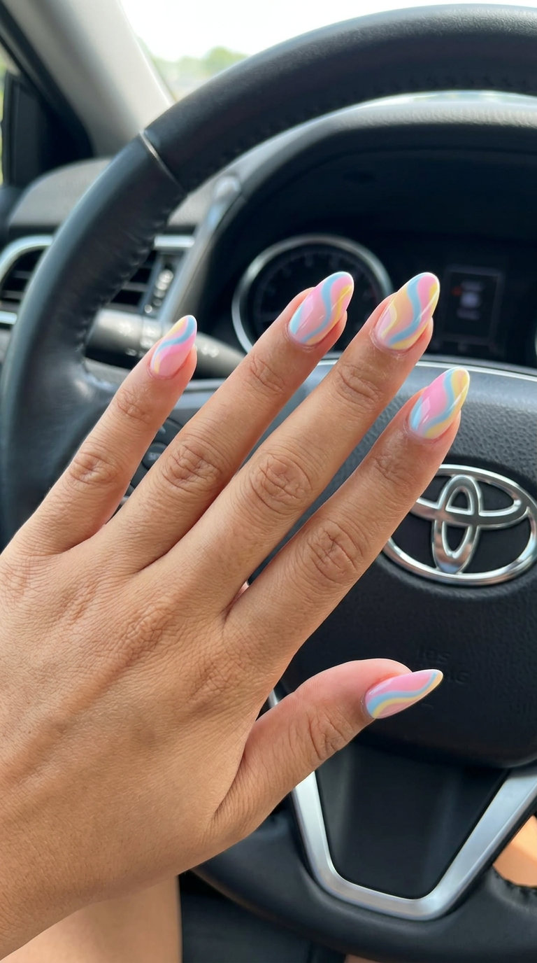 Easy Summer Nails 2026: Pastel Swirl Whimsical Pastel Swirl Almond: Easy summer nails 2026 for festivals, parties, and vacation fun.