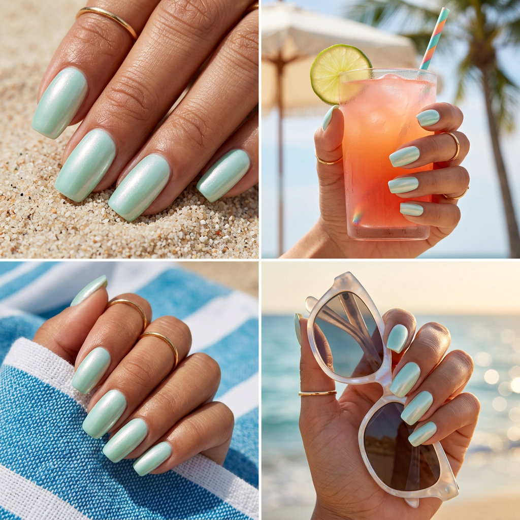 Easy Summer Nails 2026: Seafoam Iridescent Easy summer nails 2026: Iridescent Seafoam Squoval nails for vacation and outdoor events. Whimsical and ethereal glow.