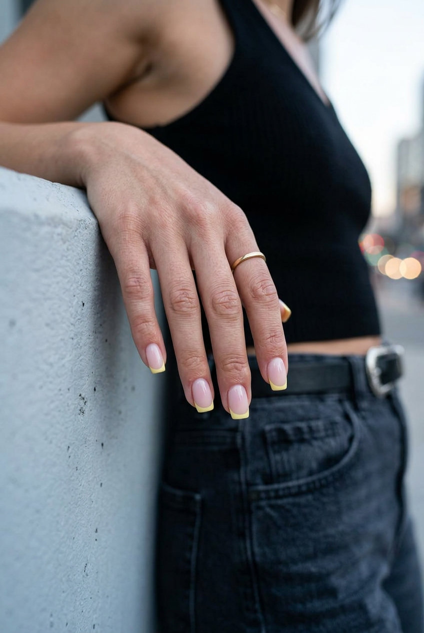 Easy Summer Nails 2026: Subtle Butter Yellow French Clean Girl butter yellow micro French tip nails for easy summer nails 2026. Short square shape.