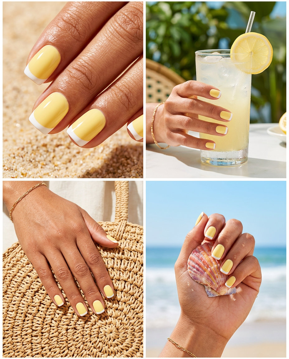 Easy Summer Nails 2026: Sunshine Yellow French Playful butter yellow and white French tip nails for easy summer nails 2026. Short square shape.