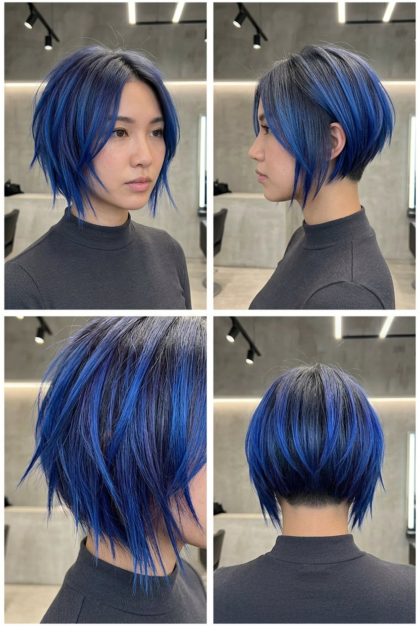short electric blue razor bob with violet-black lowlights and slate grey root, razored texture, edgy mood