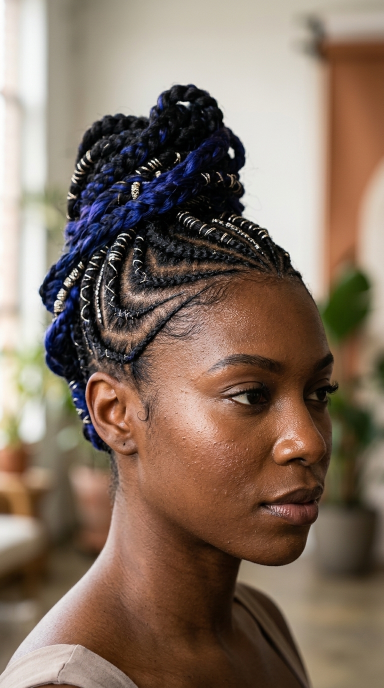 Electric Indigo Updo: Bold Festival Hairstyle short natural hair sculptural updo with electric indigo, intricate cornrows and silver accents for festival