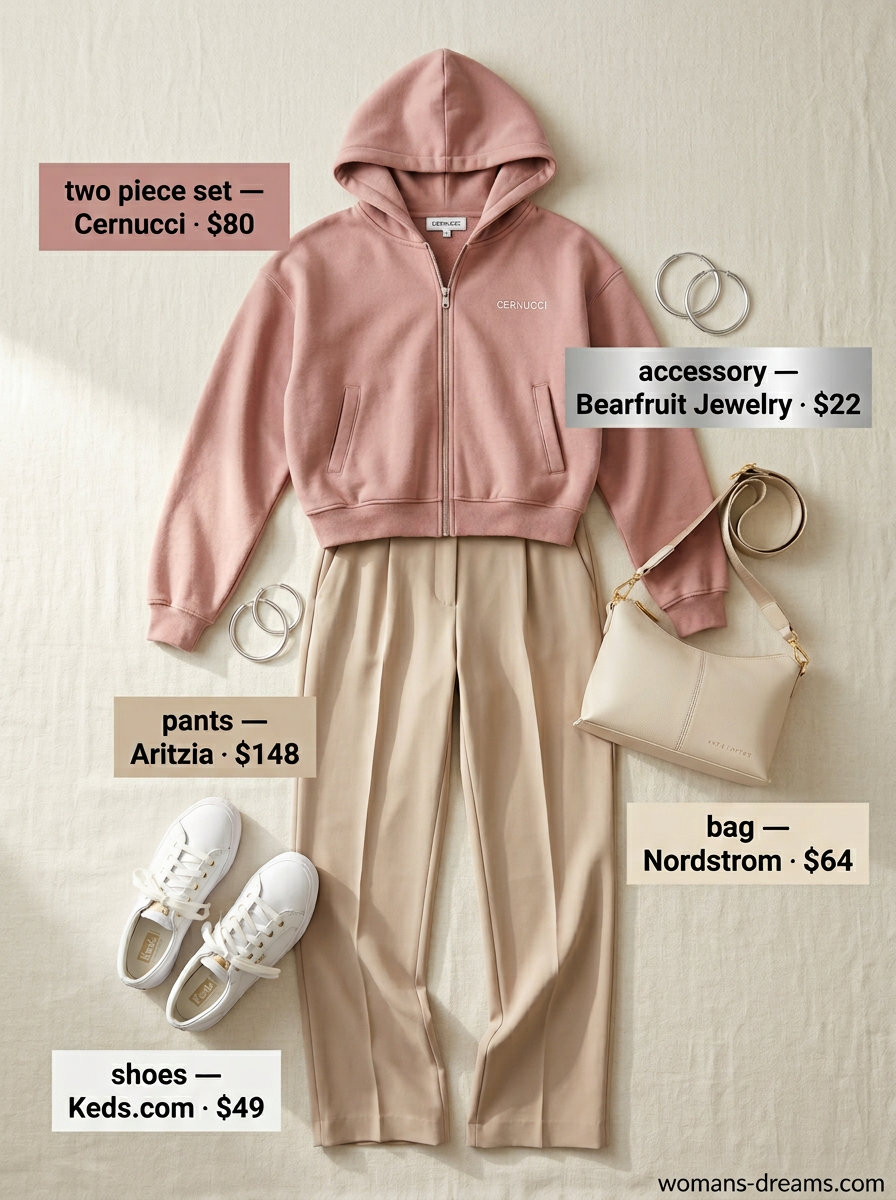 Elevated Athleisure Set outfit for travel 2026. Dusty rose joggers & hoodie, cream crossbody, sneakers, and silver hoops.