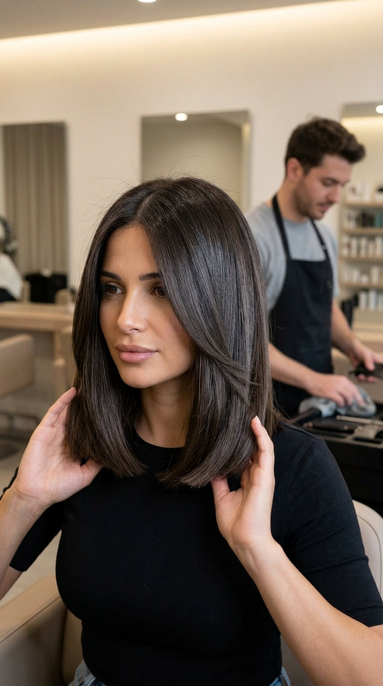 Whisper Volume Midi: Polished Medium Hair 2026 medium blunt cut in deep espresso ash, internal ghost layers, high-gloss finish — minimalist corporate style