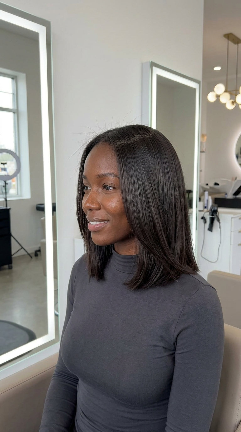 long blunt haircut in deep espresso brown with clear gloss shine for summer