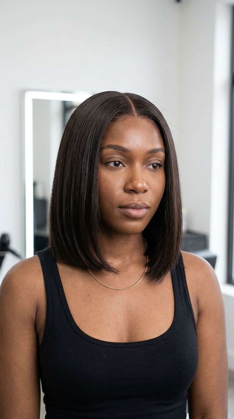 chin-to-collarbone Italian bob haircut in deep espresso brunette with blunt perimeter for summer