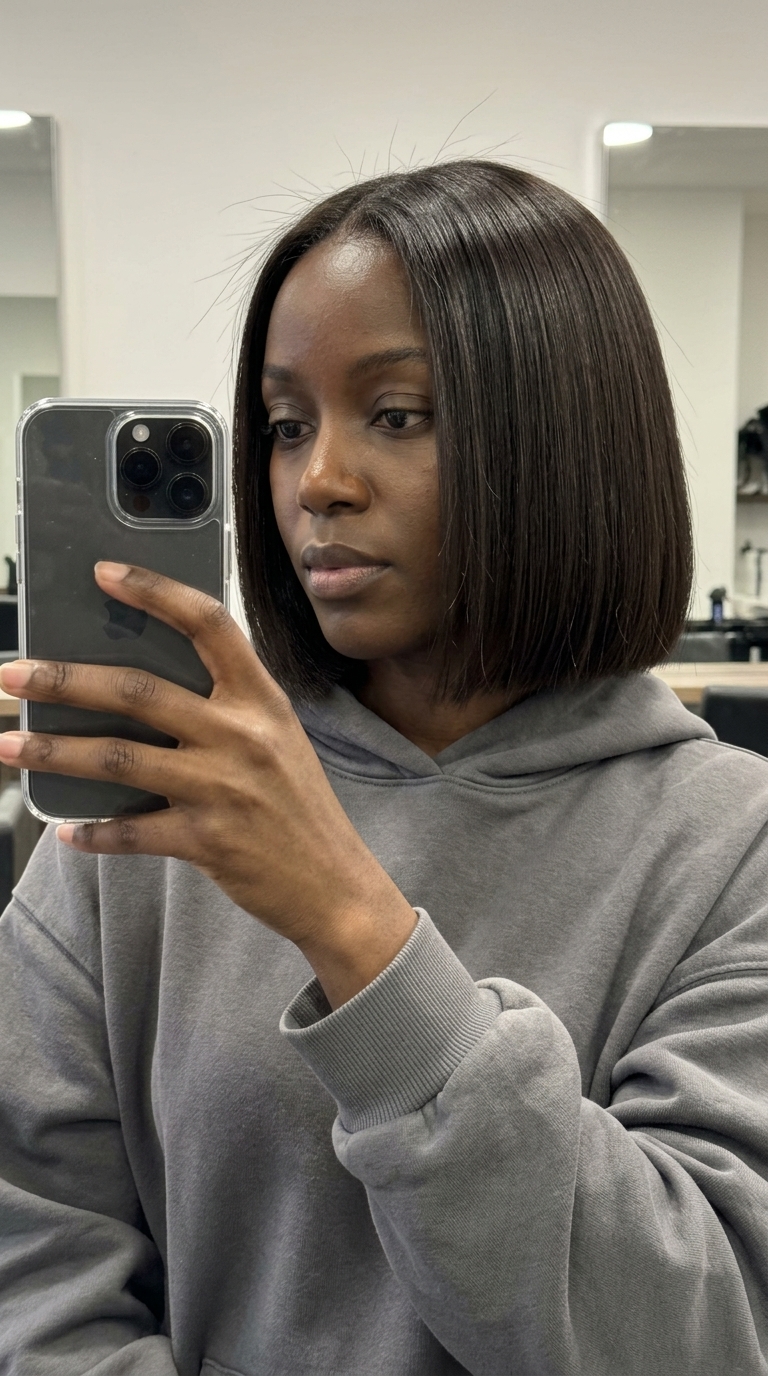 chin-length blunt bob haircut with espresso roast brunette, no bangs — sophisticated summer