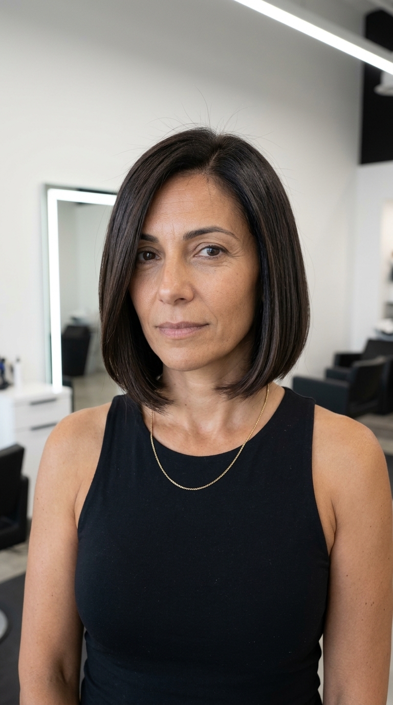 chin-length Italian bob haircut in deep espresso brunette with cool chocolate and ash lowlights for summer