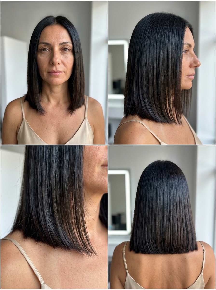 collarbone-length blunt lob haircut in deep espresso brunette with blue-black sheen for summer