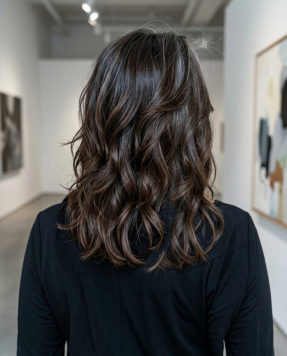 collarbone-length shag haircut with espresso brunette, graduated layers, curtain fringe — bohemian outing