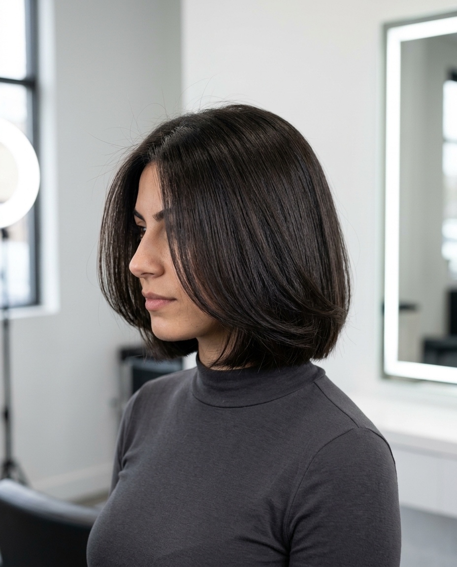 jaw-length espresso brunette layered bob with a blunt perimeter and high-gloss finish for a professional look
