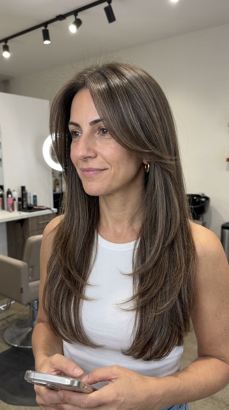 long layered haircut in espresso brunette with ash brown micro-ribbons for summer