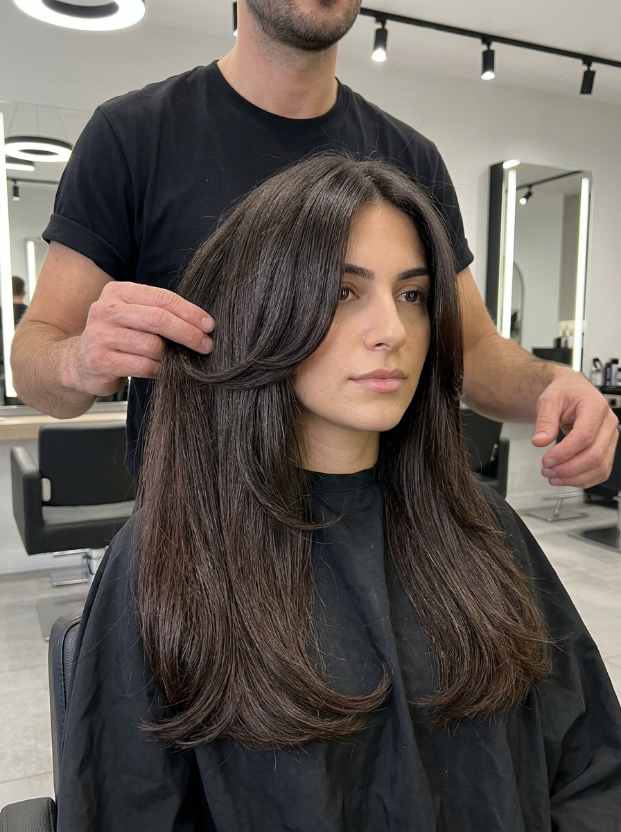 long sculpted haircut with deep espresso brunette & high-gloss finish, sweeping face-framing layers for glamorous contour — date night