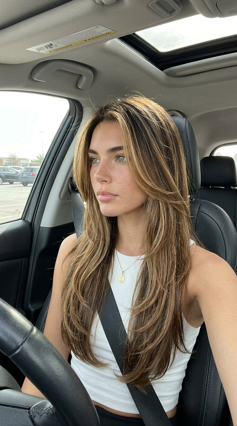 long espresso balayage on V-cut layers with caramel ribbons for romantic sophistication