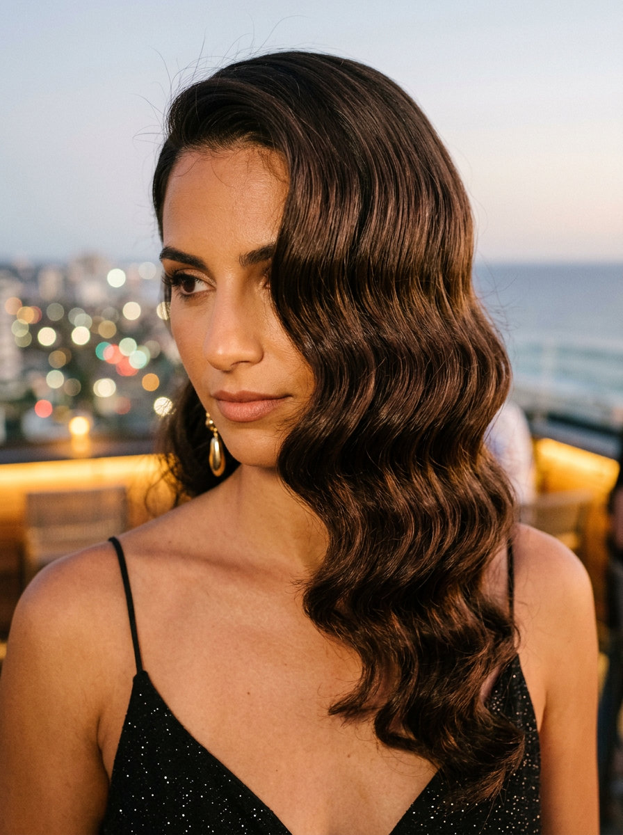 long sculpted waves with rich espresso brunette, uniform curls, no fringe — glamorous classic