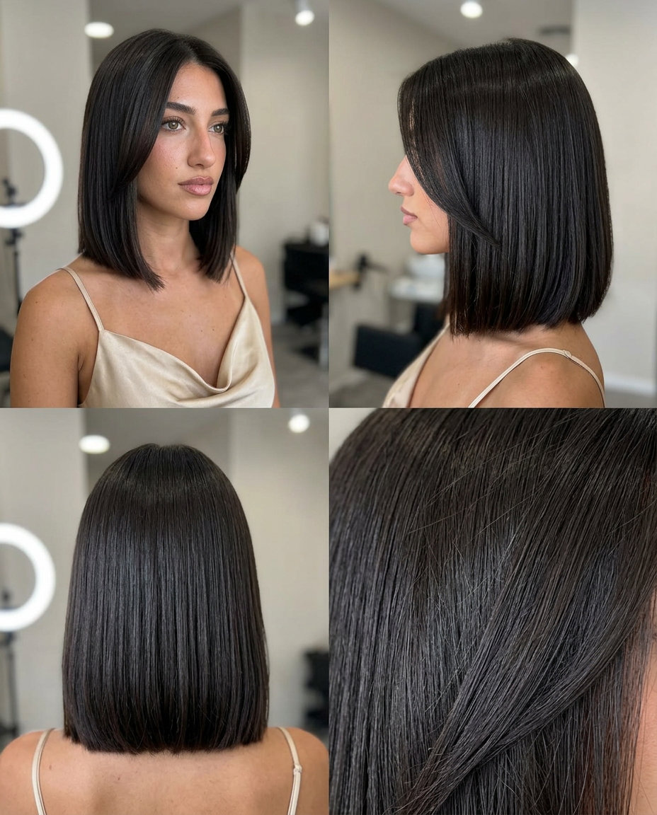 Espresso Glossy Midi: Deep Brunette 2026 medium blunt haircut in espresso brunette with high gloss and no layers for professional events