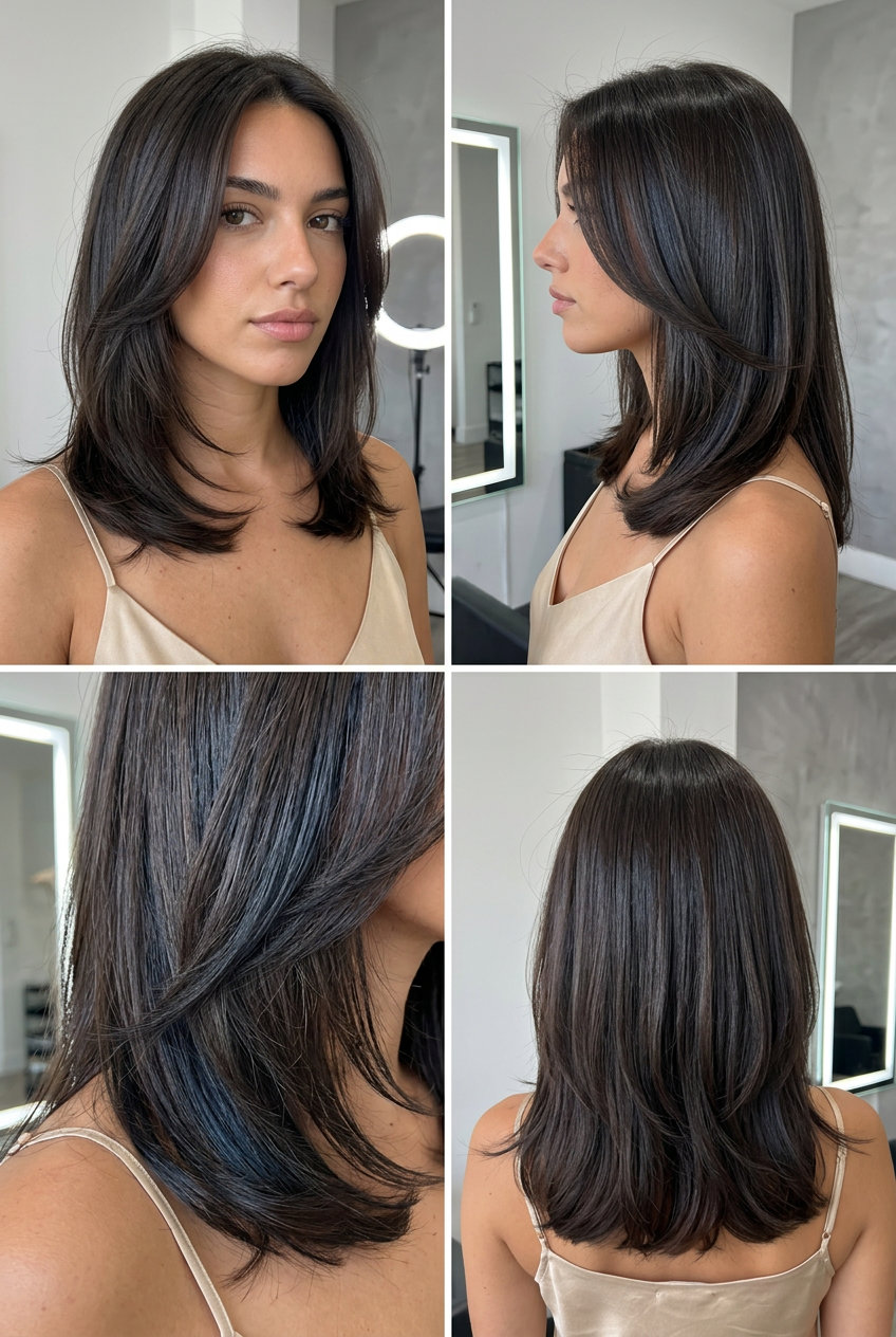 medium butterfly haircut with deep cool espresso brunette and high-gloss finish, point-cut layers, soft U-cut back for polished look