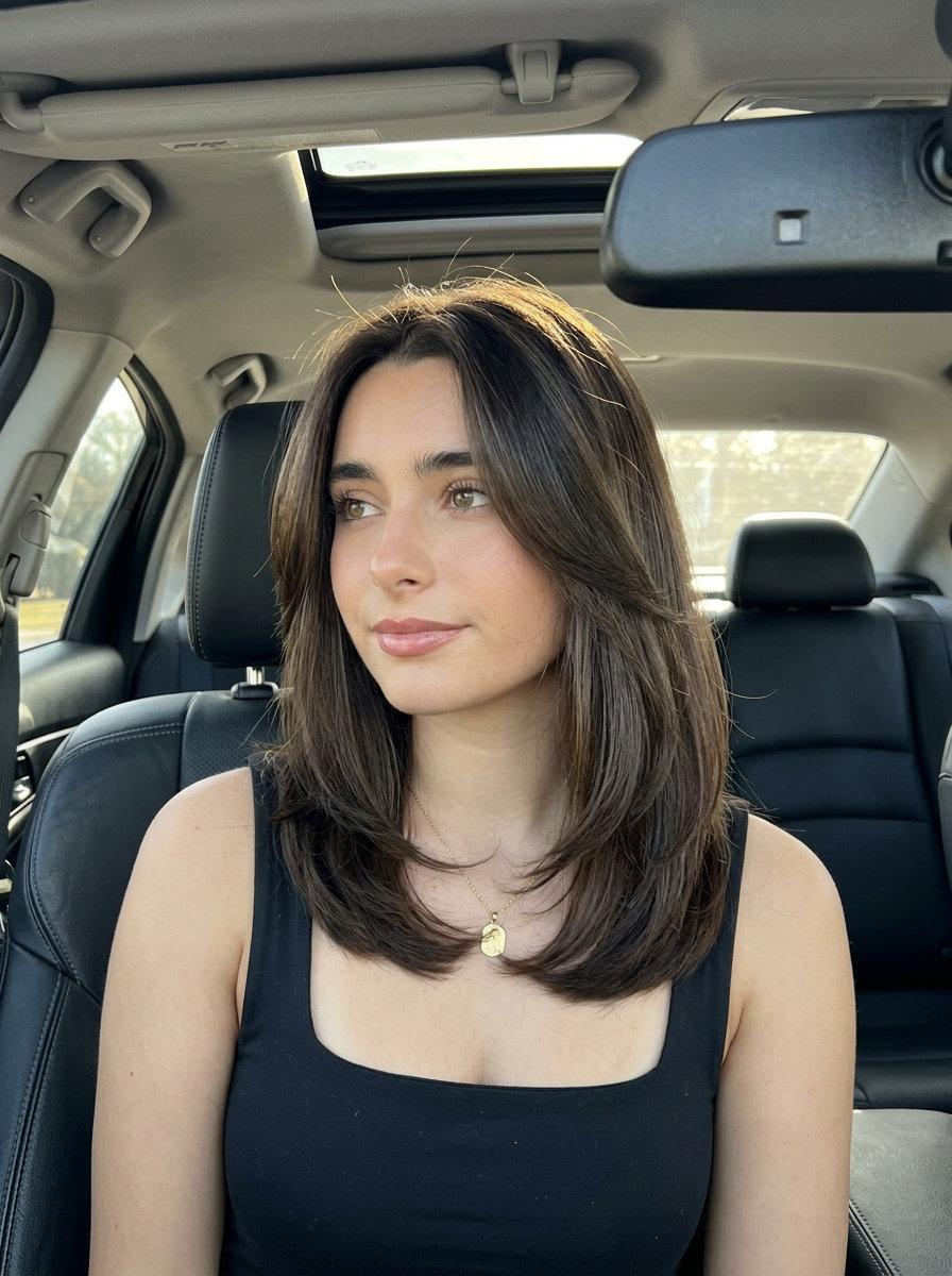 Executive Kitty Cut: Sleek Medium Hair 2026 medium kitty cut in deep espresso brunette, blended layers, glossy finish — sophisticated professional style