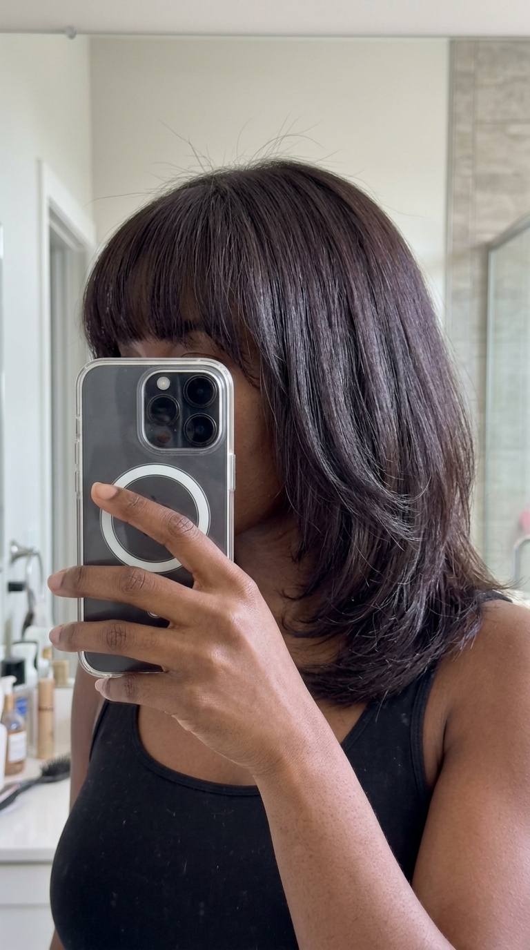 medium layered shag haircut in deep espresso brunette with violet undertones, blunt fringe — retro sophisticated