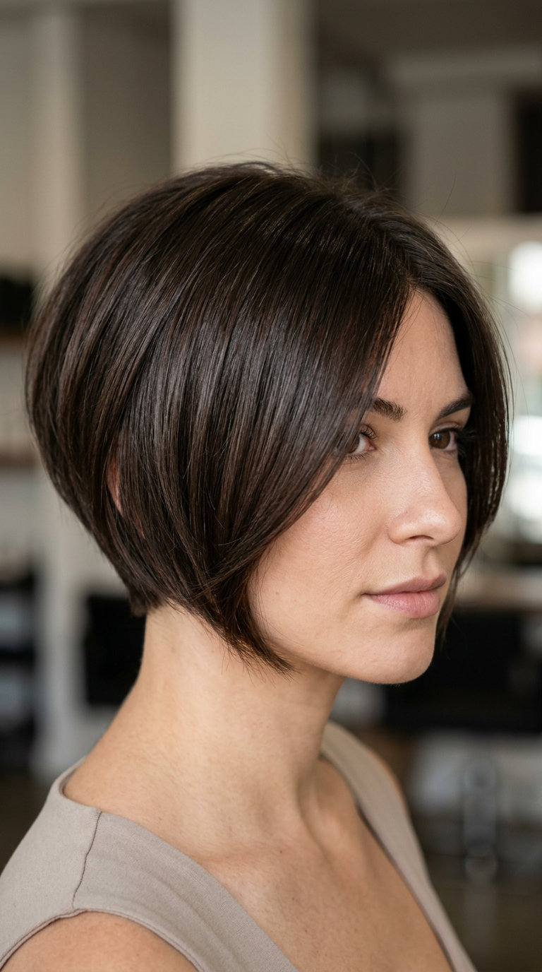short bixie haircut with deep espresso brunette, cool undertones and tapered nape for polished capability