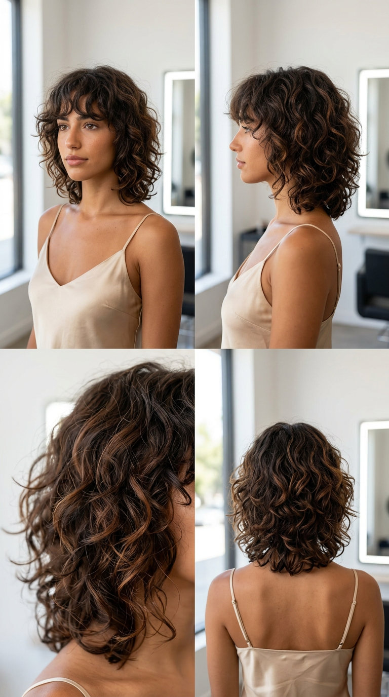short espresso brunette shaglet with cinnamon undertones, curly fringe — effortless bohemian style