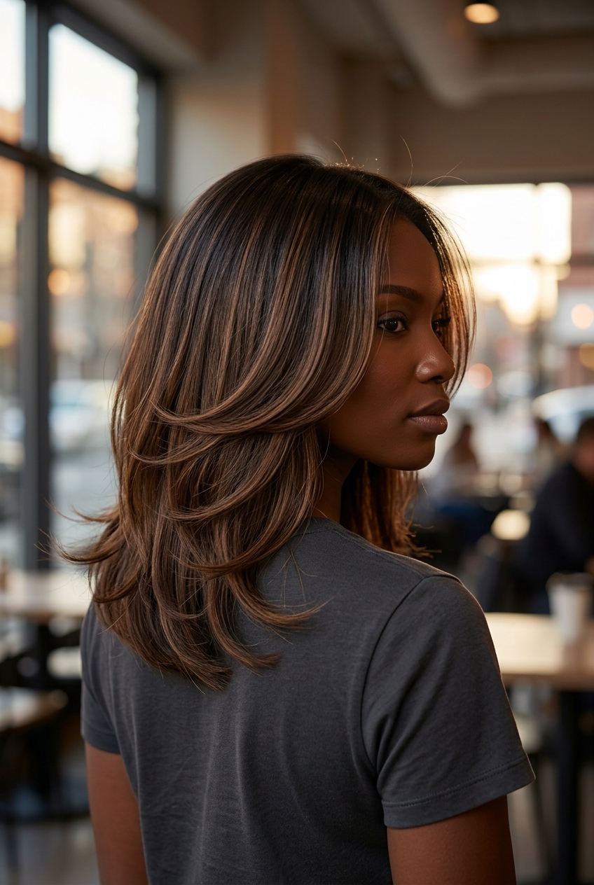 collarbone-length haircut in expensive espresso with caramel lowlights and C-shape layers for summer