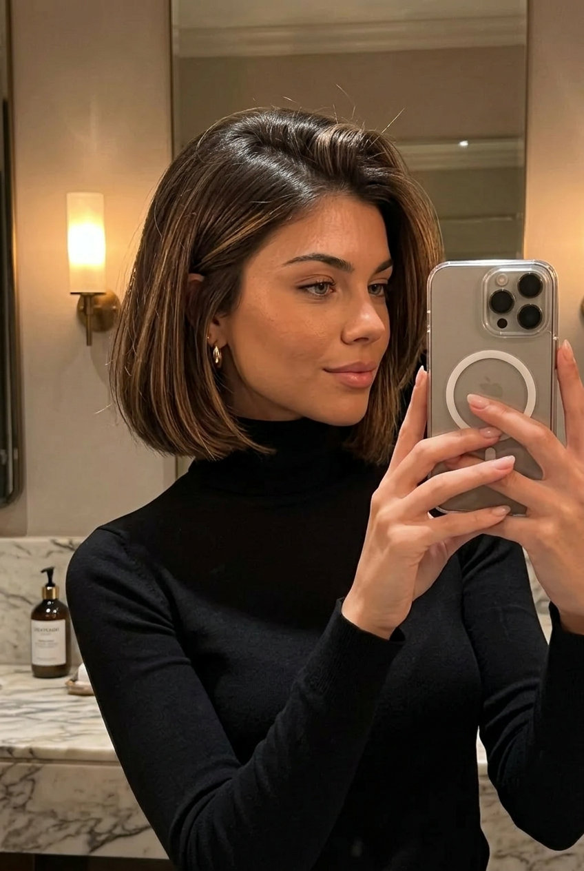 short french bob haircut with espresso caramel balayage, blunt perimeter for summer 2026
