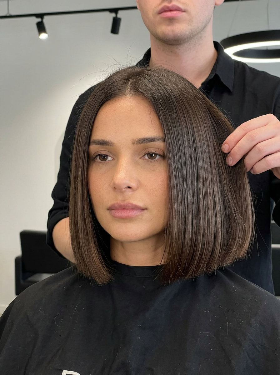 Chic Espresso Melt Bob for Fine Hair chin-length blunt bob haircut in Espresso Melt brunette with cool mocha tones, razor-sharp perimeter, no bangs — minimalist chic summer bob