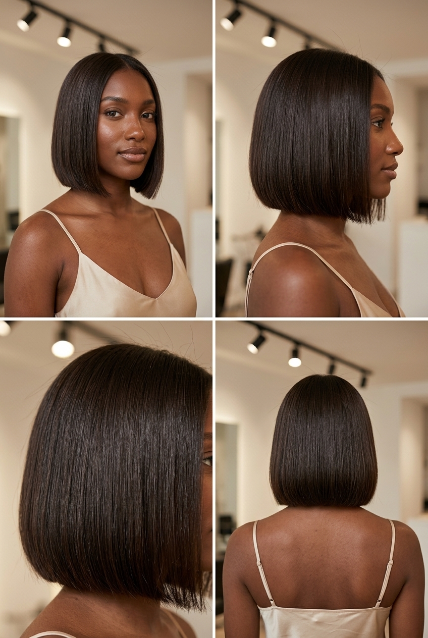 chin-length espresso blunt bob haircut with a sharp perimeter for professional sleekness