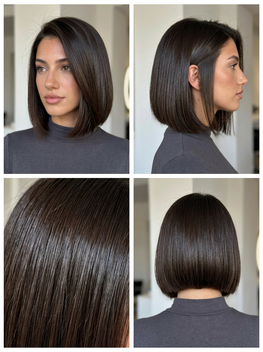 chin-length espresso razor bob with clear gloss and deep side part for formal event