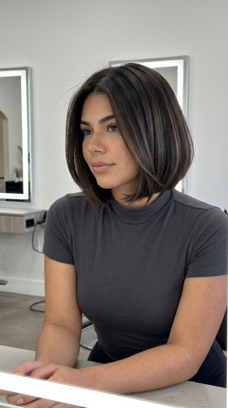 chin-length bob haircut with espresso roast brunette & ash ribbons, internal layers, no bangs — sophisticated summer
