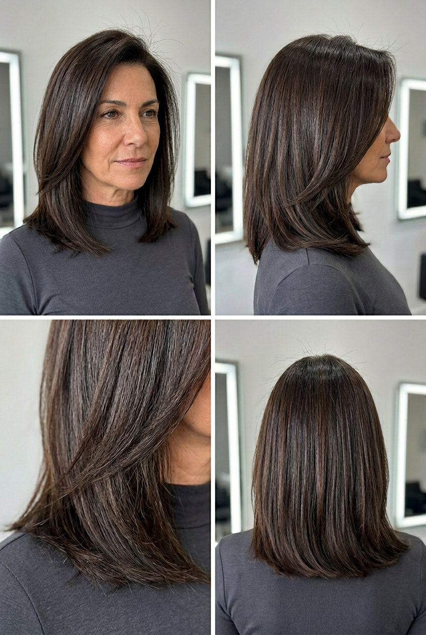 collarbone-length haircut with deep espresso gloss, soft-blunt perimeter, side part — sophisticated chic