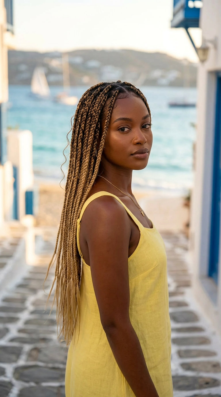 mid-back espresso to honey wheat blonde box braids with knotless technique