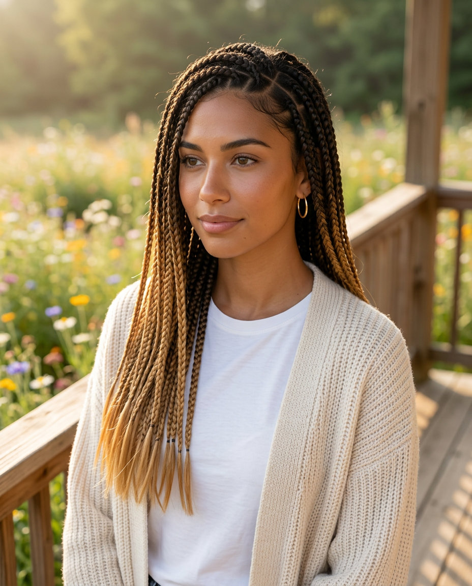 medium-long knotless box braids with espresso to honey blonde ombré, blunt ends — cute summer braids hairstyle 2026