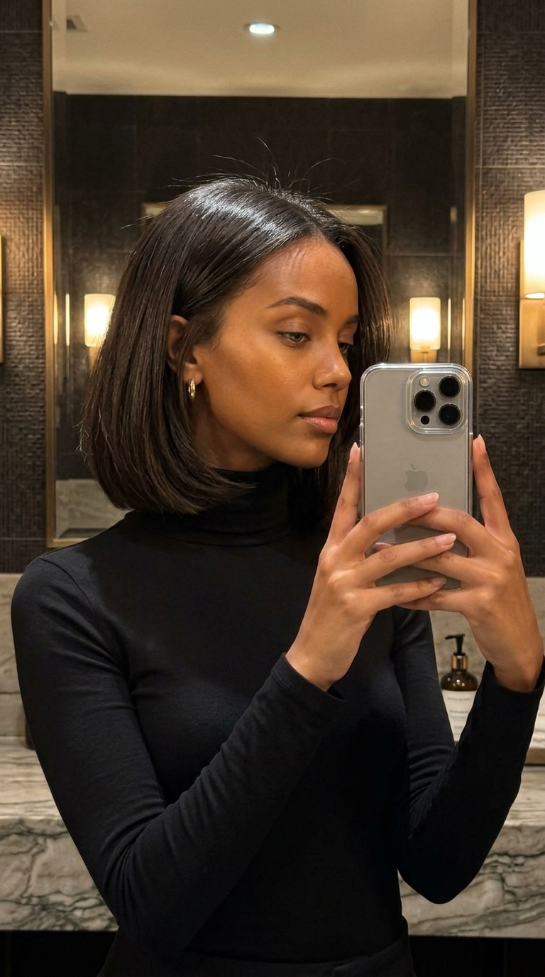 jaw-length layered bob haircut in deep espresso brunette with high-shine finish for sophisticated look