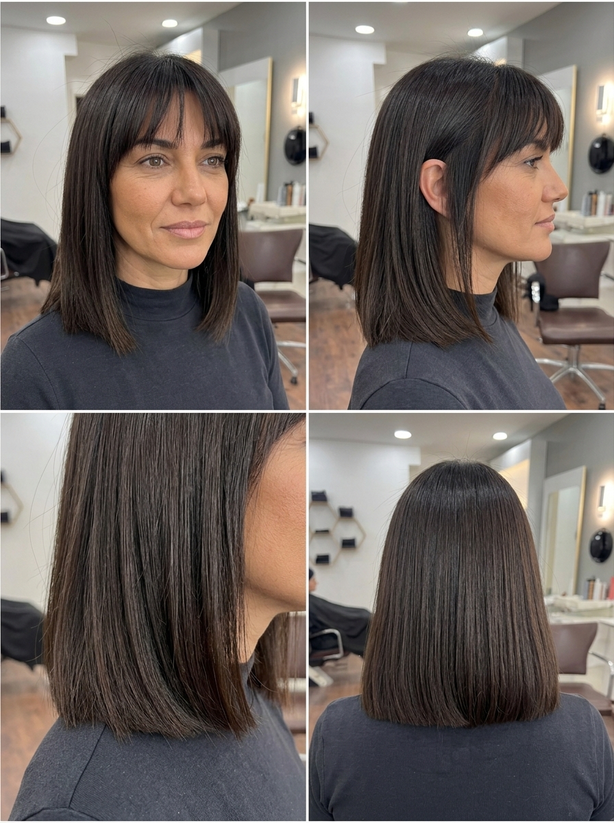 long espresso brunette haircut with cool-toned color, blunt perimeter, wispy fringe — professional chic
