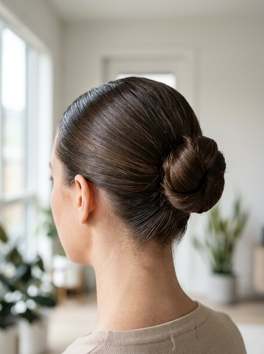 Sleek Espresso Bun: Simple Summer Easy Hairstyle 2026 long deep espresso sleek bun with high-shine finish for work