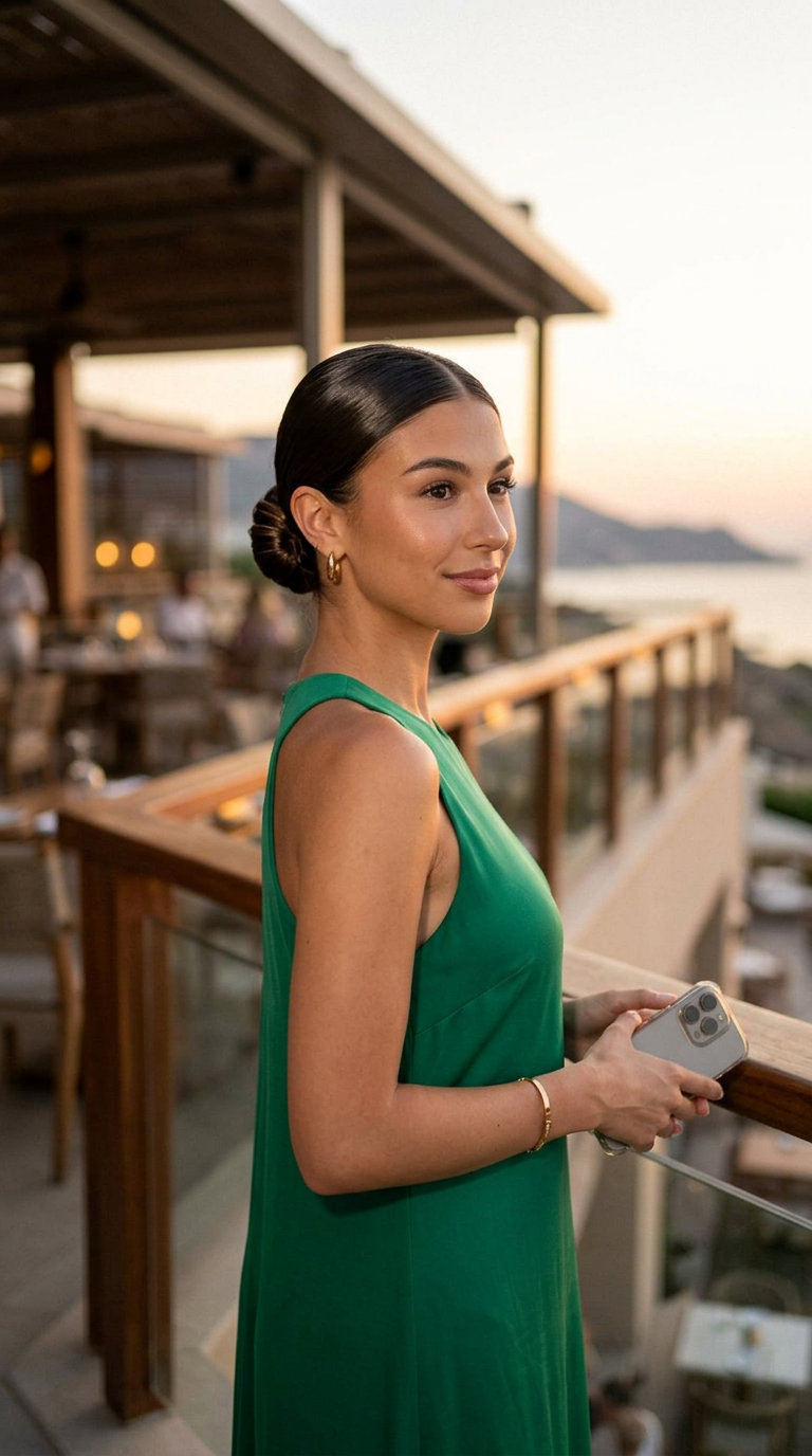 long espresso brunette sleek low bun with deep side part and high gloss for summer