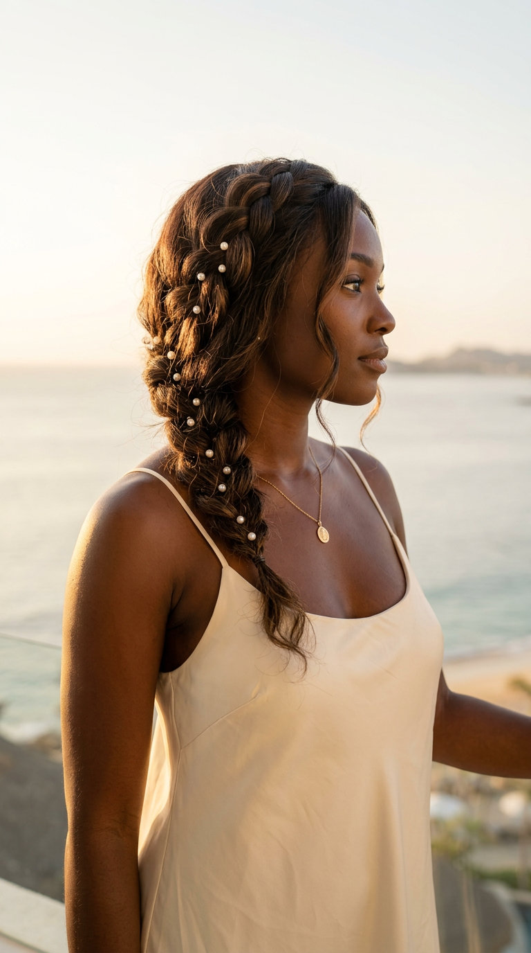 long tousled halo braid with rich espresso, deep chocolate, and delicate pearls for a soft romantic look