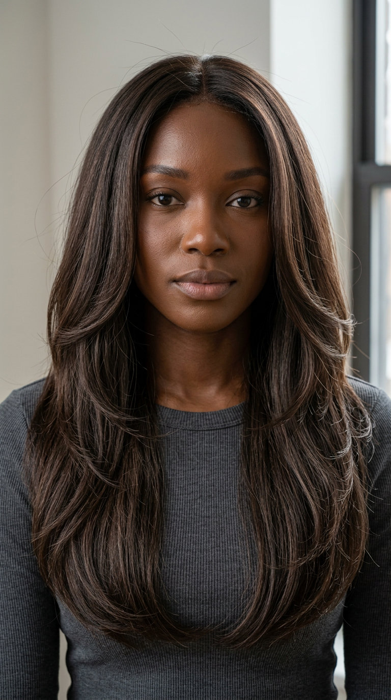 Espresso Melt Long Layers for Volume long layered haircut in Espresso Melt brunette with cool mocha lowlights, flowing layers, no bangs — luxurious classic summer hair