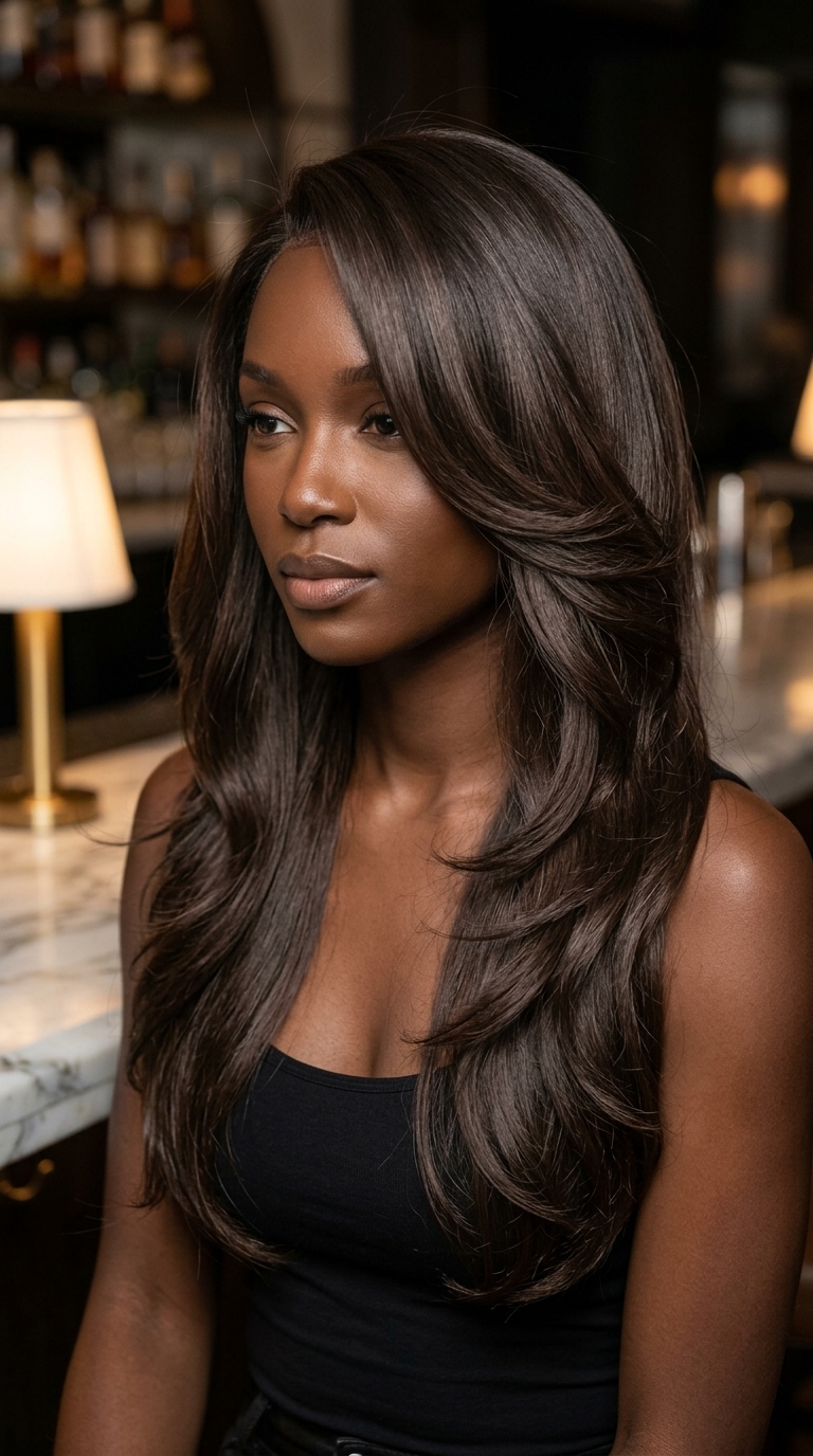 long layered haircut with espresso brunette, mocha undertones, and high-gloss finish for summer