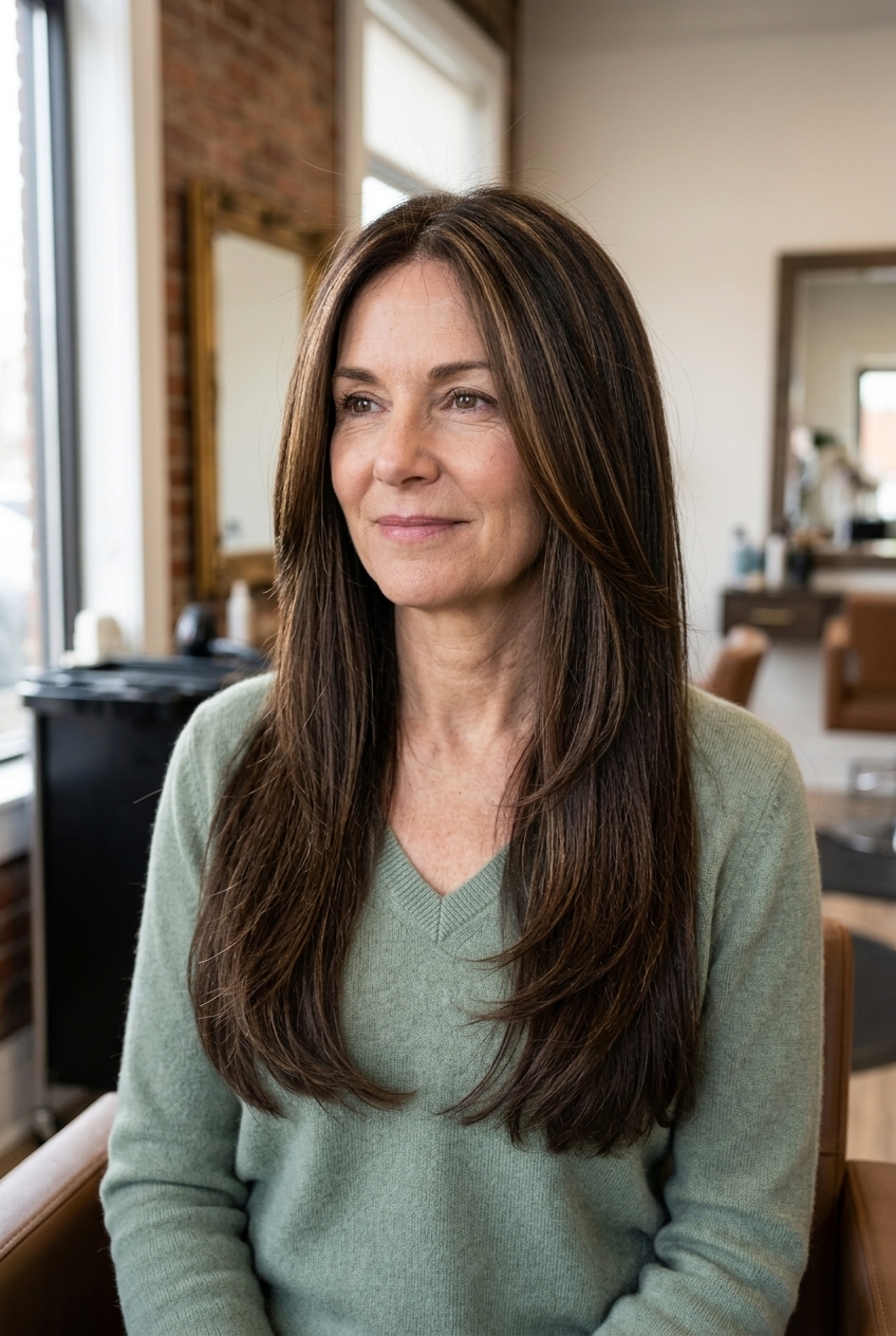 long espresso brunette haircut with golden mocha micro-highlights, internal long layers, no fringe — effortless romantic