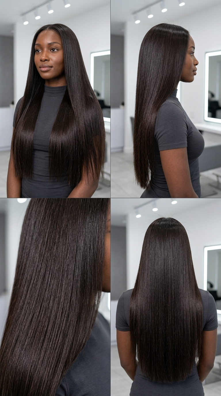 long one-length haircut with deep espresso brunette and high-gloss finish for summer