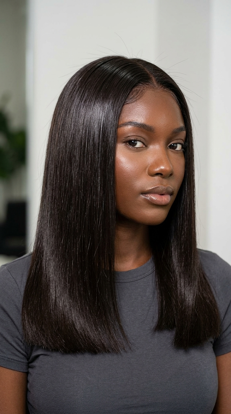 long one-length haircut with near-black espresso, blunt perimeter and minimal layering — luxurious modern