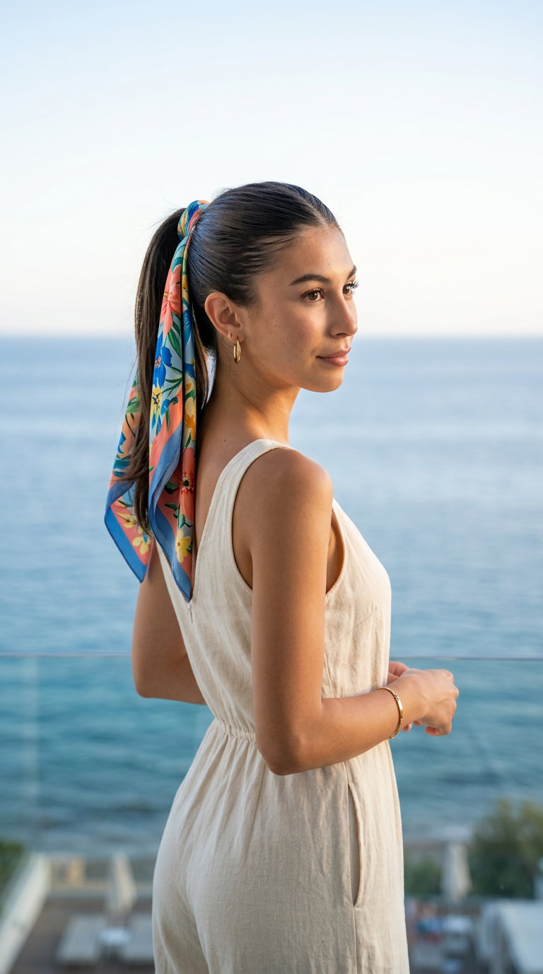 Chic Summer Pony: Sleek Espresso Hair 2026 long espresso roast sleek high ponytail with silk scarf accent for chic daily