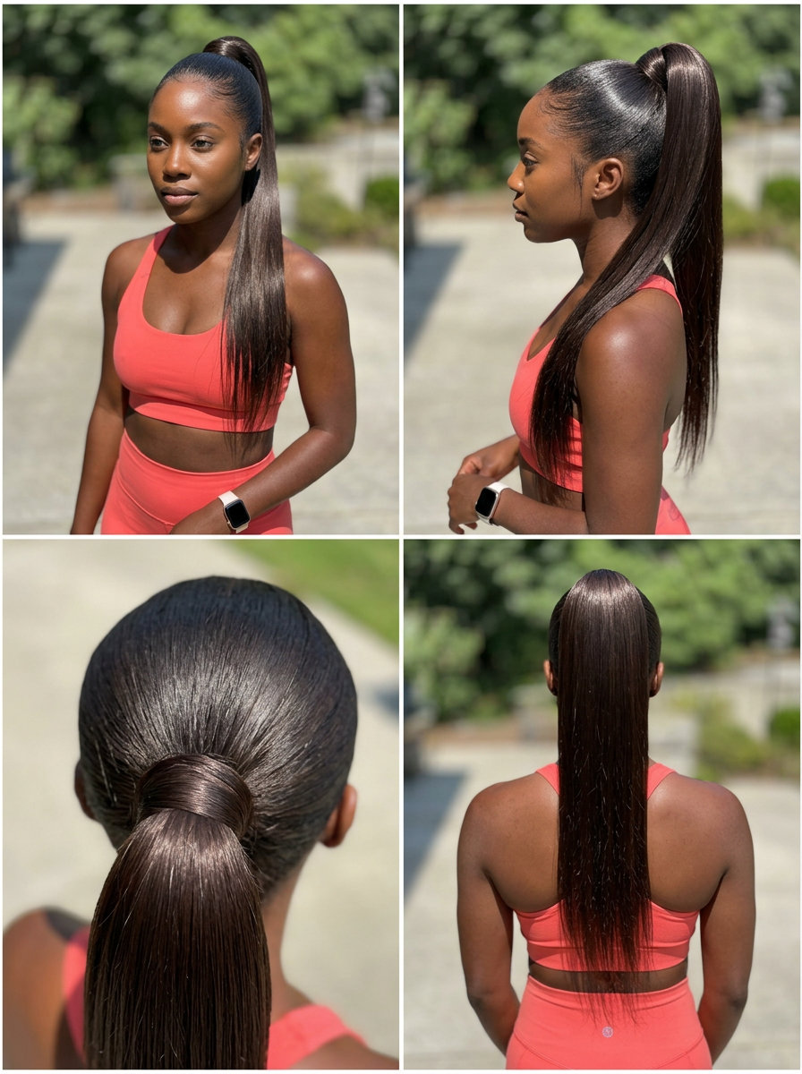 long rich espresso brunette sleek ponytail with a silk scarf accent for a sporty vibe