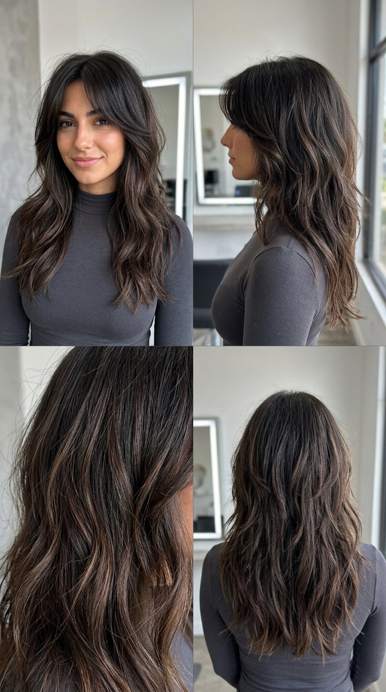Lived-in Espresso Shaggy Wolf Cut 2026 long shaggy wolf cut with deep espresso and mocha ribbons, internal layering and curtain bangs for daily life