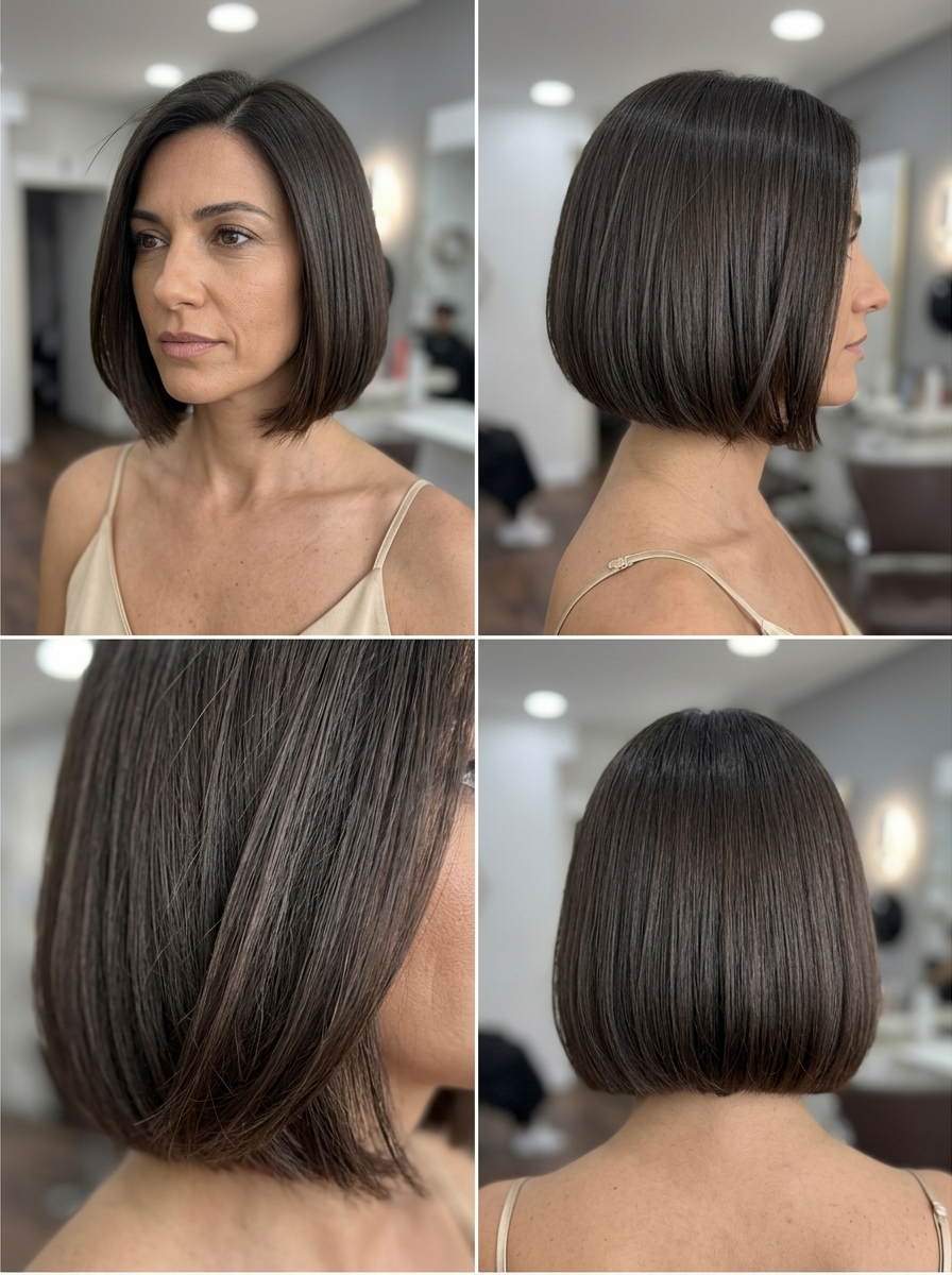 jaw-length blunt bob haircut in espresso martini brunette with cool undertones for summer