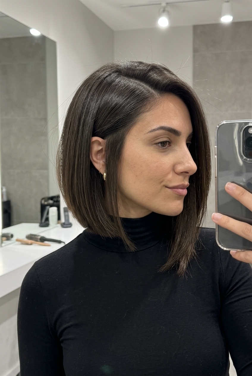 medium length asymmetrical haircut with espresso brunette, high-shine glaze for summer