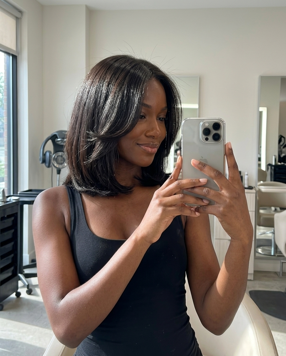 medium-length curve-cut bob with rich espresso brown, high-gloss finish, face-framing layers — sophisticated